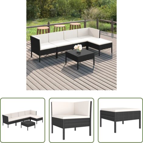 vidaXL Tumbonas de jardín -  Set de muebles de jardín 6 pzas y cojines ratán sintético negro