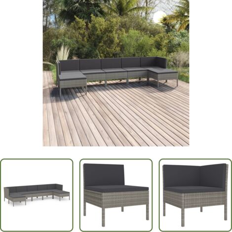 vidaXL Tumbonas de jardín -  Set de muebles de jardín 7 pzas y cojines ratán sintético gris