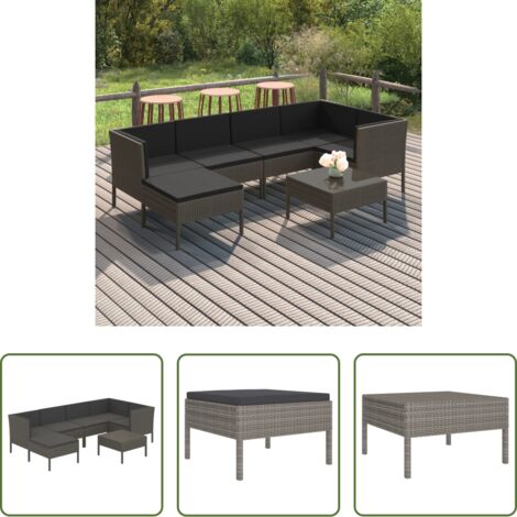 vidaXL Tumbonas de jardín -  Set de muebles de jardín 7 pzas y cojines ratán sintético gris