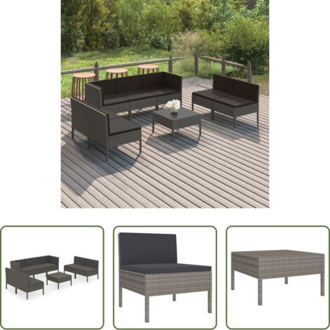 vidaXL Tumbonas de jardín -  Set de muebles de jardín 8 pzas y cojines ratán sintético gris