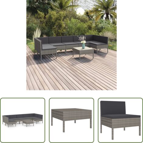 vidaXL Tumbonas de jardín -  Set de muebles de jardín 8 pzas y cojines ratán sintético gris