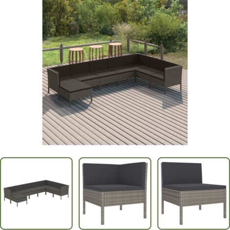 vidaXL Tumbonas de jardín -  Set de muebles de jardín 8 pzas y cojines ratán sintético gris
