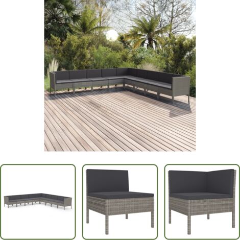 vidaXL Tumbonas de jardín -  Set de muebles de jardín 9 pzas y cojines ratán sintético gris