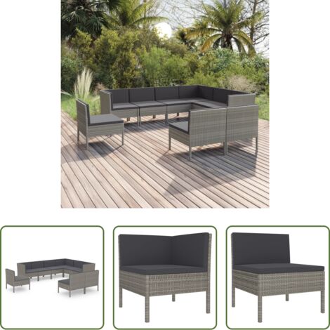 vidaXL Tumbonas de jardín -  Set de muebles de jardín 9 pzas y cojines ratán sintético gris
