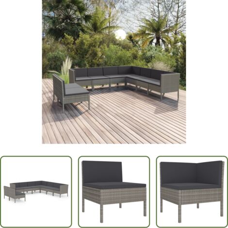 vidaXL Tumbonas de jardín -  Set de muebles de jardín 9 pzas y cojines ratán sintético gris