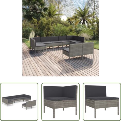 vidaXL Tumbonas de jardín -  Set de muebles de jardín 9 pzas y cojines ratán sintético gris