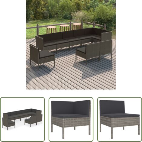 vidaXL Tumbonas de jardín -  Set de muebles de jardín 9 pzas y cojines ratán sintético gris