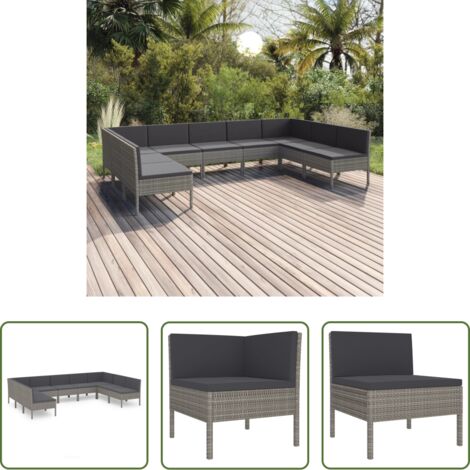 vidaXL Tumbonas de jardín -  Set de muebles de jardín 9 pzas y cojines ratán sintético gris