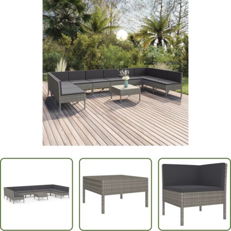 vidaXL Tumbonas -  Set de muebles de jardín 11 pzas y cojines ratán sintético gris