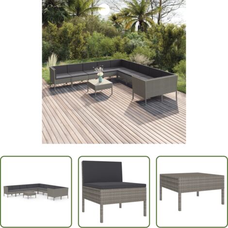vidaXL Tumbonas -  Set de muebles de jardín 11 pzas y cojines ratán sintético gris