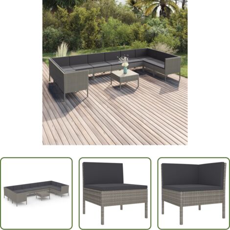 vidaXL Tumbonas -  Set de muebles de jardín 11 pzas y cojines ratán sintético gris