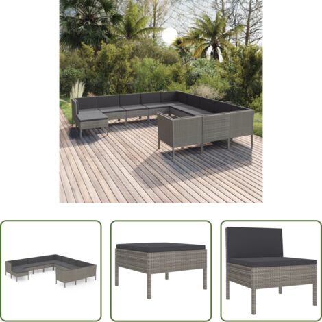 vidaXL Tumbonas -  Set de muebles de jardín 12 pzas y cojines ratán sintético gris