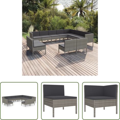 vidaXL Tumbonas -  Set de muebles de jardín 12 pzas y cojines ratán sintético gris