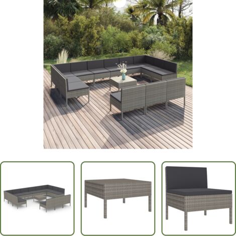 vidaXL Tumbonas -  Set de muebles de jardín 14 pzas y cojines ratán sintético gris