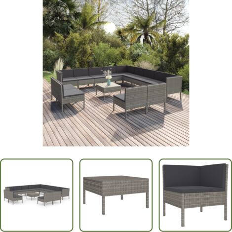 vidaXL Tumbonas -  Set de muebles de jardín 14 pzas y cojines ratán sintético gris