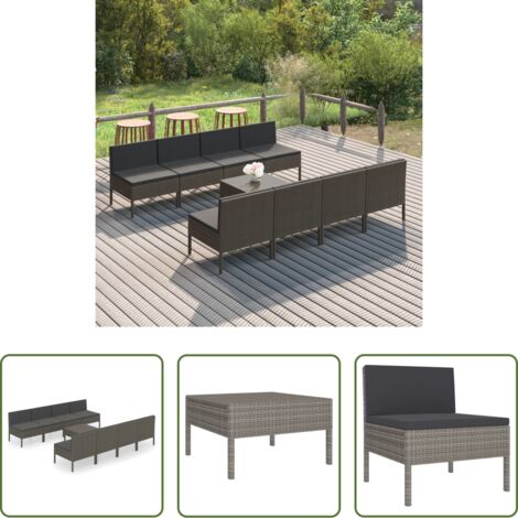 vidaXL Tumbonas -  Set de muebles de jardín 9 pzas y cojines ratán sintético gris