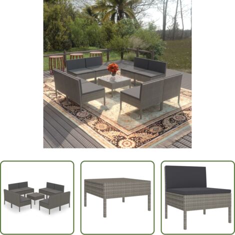 vidaXL Tumbonas -  Set de muebles de jardín 9 pzas y cojines ratán sintético gris