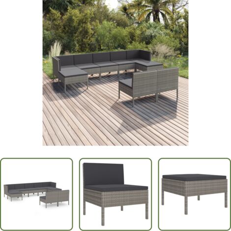 vidaXL Tumbonas -  Set de muebles de jardín 9 pzas y cojines ratán sintético gris