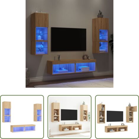 vidaXL TV a parete -  Mobili TV a Muro con LED 6pz Rovere Sonoma Legno Multistrato