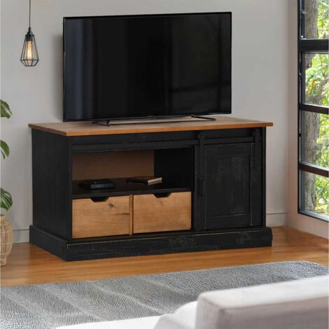 vidaXL TV-Schrank HALDEN mit Schiebetür Schwarz 110x40x60cm Massivholz