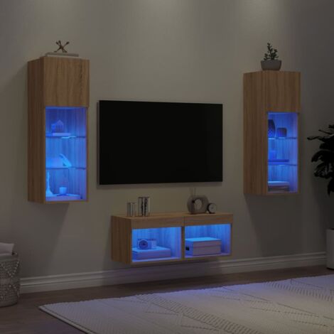 vidaXL TV-Wandregal 4 Teile mit LED-Lichtern Sonoma Eiche