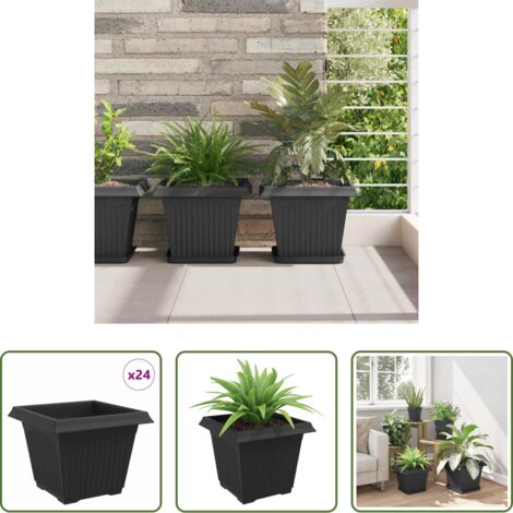vidaXL Vaso per balcone -  Vaso quadrato per fiori 24 pcs Nero 28,5 x 28,5 x 22 cm