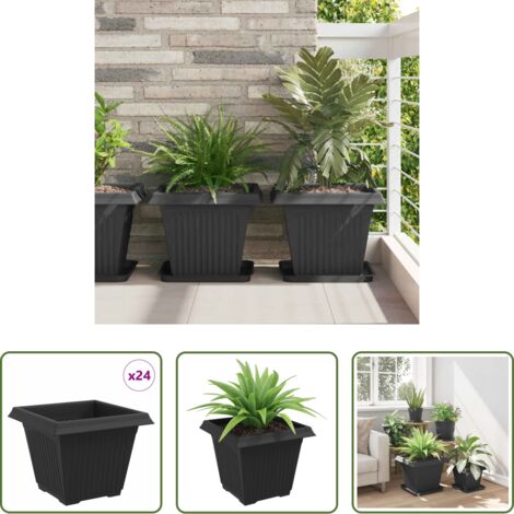 vidaXL Vaso per balcone -  Vaso quadrato per fiori 24 pcs Nero 38 x 38 x 30 cm Plastica