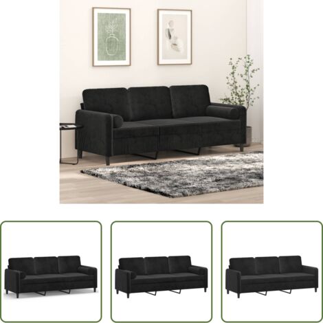 vidaXL Velluto -  Divano a 3 Posti con Cuscini Nero 180 cm in Velluto