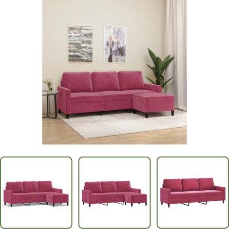 vidaXL Velluto -  Divano a 3 Posti con Poggiapiedi Rosso Vino 180 cm in Velluto