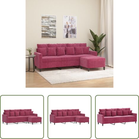vidaXL Velluto -  Divano a 3 Posti con Poggiapiedi Rosso Vino 180 cm in Velluto