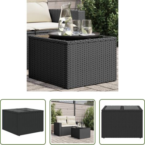 vidaXL Vidrio templado -  Mesa de jardín con tablero de cristal, ratán sintético, color negro, 55 x 55 x 37 cm