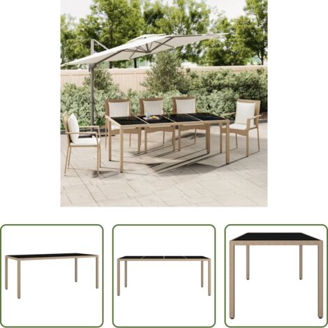 vidaXL Vidrio templado -  Mesa de jardín ratán beige y superficie de vidrio templado