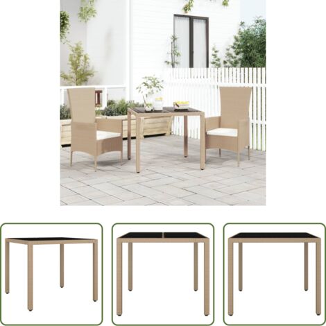 vidaXL Vidrio templado -  Mesa de jardín ratán beige y superficie de vidrio templado