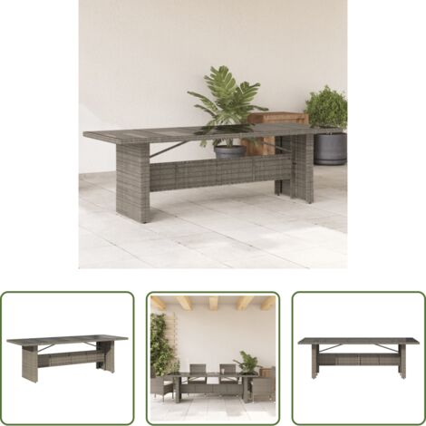 vidaXL Vidrio templado -  Mesa de jardín superficie de vidrio ratán PE gris 240x90x75 cm