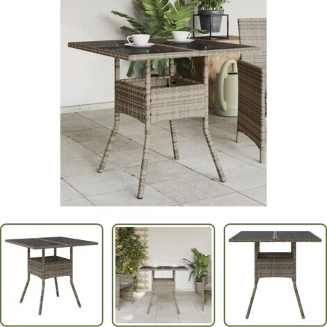 vidaXL Vidrio templado -  Mesa de jardín superficie de vidrio ratán PE gris 80x80x75 cm