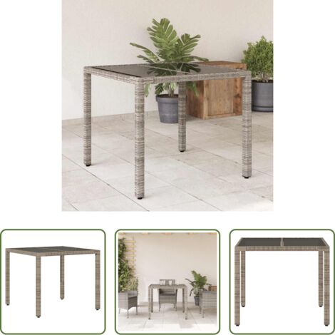 vidaXL Vidrio templado -  Mesa de jardín superficie de vidrio ratán PE gris 90x90x75 cm