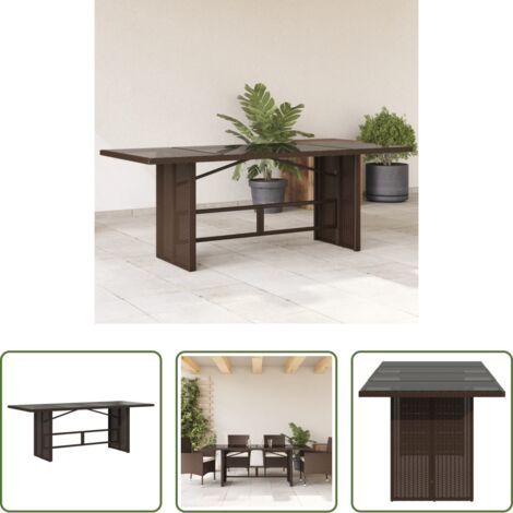 vidaXL Vidrio templado -  Mesa de jardín superficie de vidrio ratán PE marrón 190x80x74cm