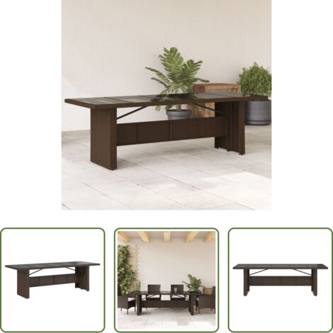 vidaXL Vidrio templado -  Mesa de jardín superficie de vidrio ratán PE marrón 240x90x75cm