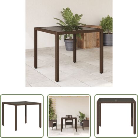 vidaXL Vidrio templado -  Mesa de jardín superficie de vidrio ratán PE marrón 90x90x75 cm
