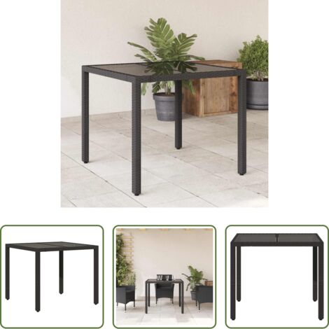 vidaXL Vidrio templado -  Mesa de jardín superficie de vidrio ratán PE negro 90x90x75 cm