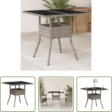 vidaXL Vidrio templado -  Mesa de jardín superficie de vidrio y ratán PE gris 80x80x75 cm