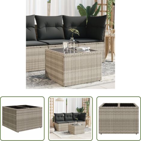 vidaXL Vidrio templado -  Mesa jardín superficie vidrio ratán PE gris claro 55x55x37 cm