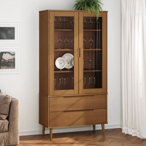 vidaXL Vitrine Cabinet "MOLDE" Brown 90x35x175 cm Solid Wood Pine