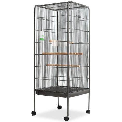 Vidaxl – Volière cage à oiseaux noir 54 x 54 x 146 cm – Acier avec 4 perchoirs en bois – Écart entre barreaux 1,2 cm – Roulettes pour déplacement facile