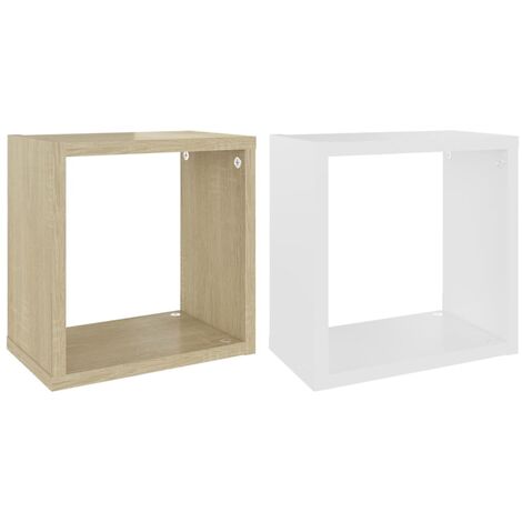 main image of "vidaXL Wall Cube Shelves 2 pcs White and Sonoma Oak 26x15x26 cm - Beige"