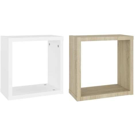 main image of "vidaXL Wall Cube Shelves 2 pcs White and Sonoma Oak 30x15x30 cm - Beige"