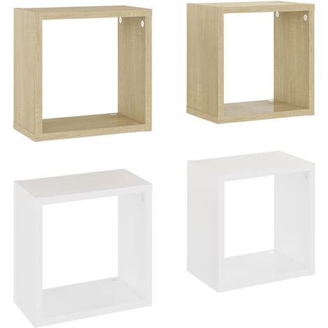 main image of "vidaXL Wall Cube Shelves 4 pcs White and Sonoma Oak 26x15x26 cm - Beige"
