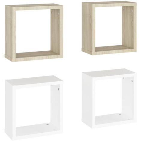 main image of "vidaXL Wall Cube Shelves 4 pcs White and Sonoma Oak 30x15x30 cm - Beige"
