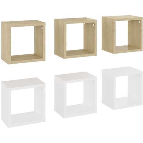 main image of "vidaXL Wall Cube Shelves 6 pcs White and Sonoma Oak 22x15x22 cm - Beige"