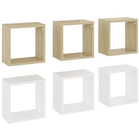 main image of "vidaXL Wall Cube Shelves 6 pcs White and Sonoma Oak 26x15x26 cm - Beige"